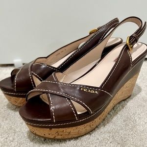 Prada Women’s Brown Wedge Sandals, Size 39 - image 1